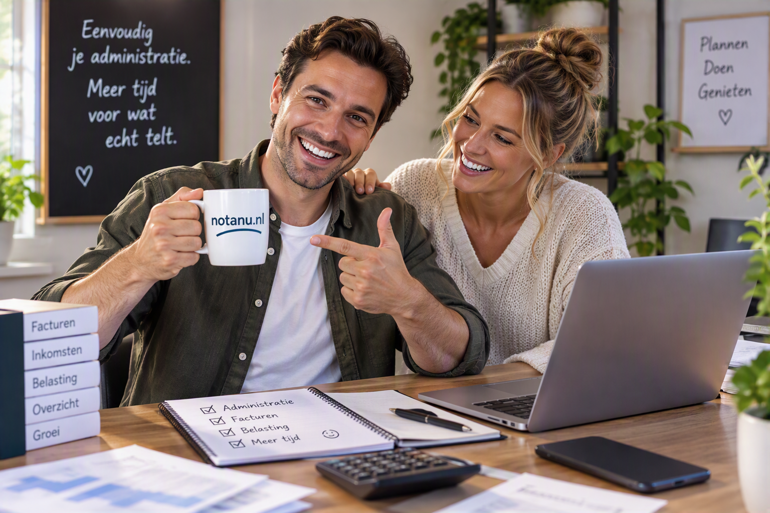 Werkplek met laptop en administratie, met notanu.nl op een koffiemok